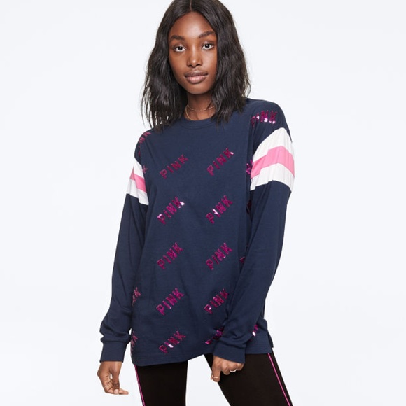 VS Pink Sequin Bling Logo Campus Long Sleeve Tee - Picture 2 of 2
